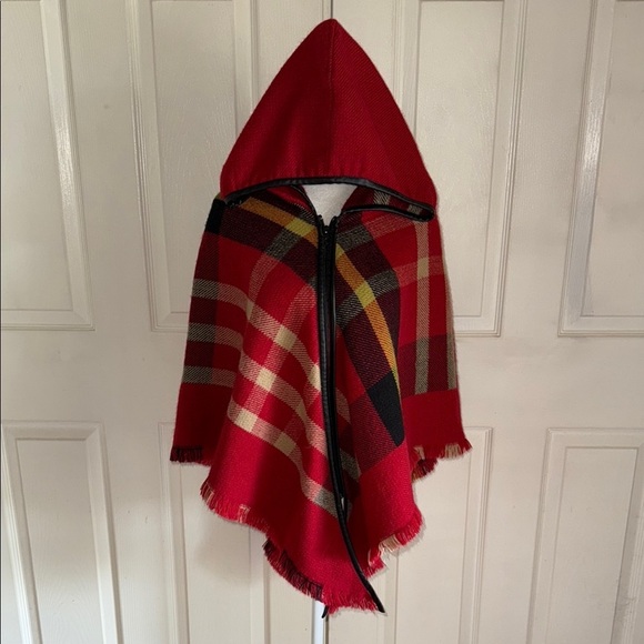 Do Everything In Love Red Plaid Acrylic Hooded Zip Front Poncho - Picture 1 of 5